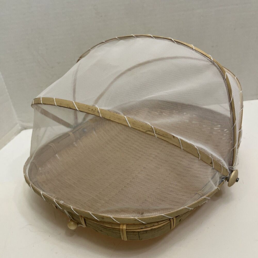 Mid Century Netted Woven Bamboo Serving Drying Tray Vintage  13”x12” Bread Veges